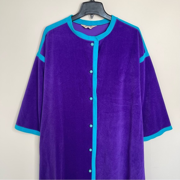 Vintage 60s Vanity Fair Velour Contrast Trim Space Age Button Up House Robe Coat - Picture 1 of 14